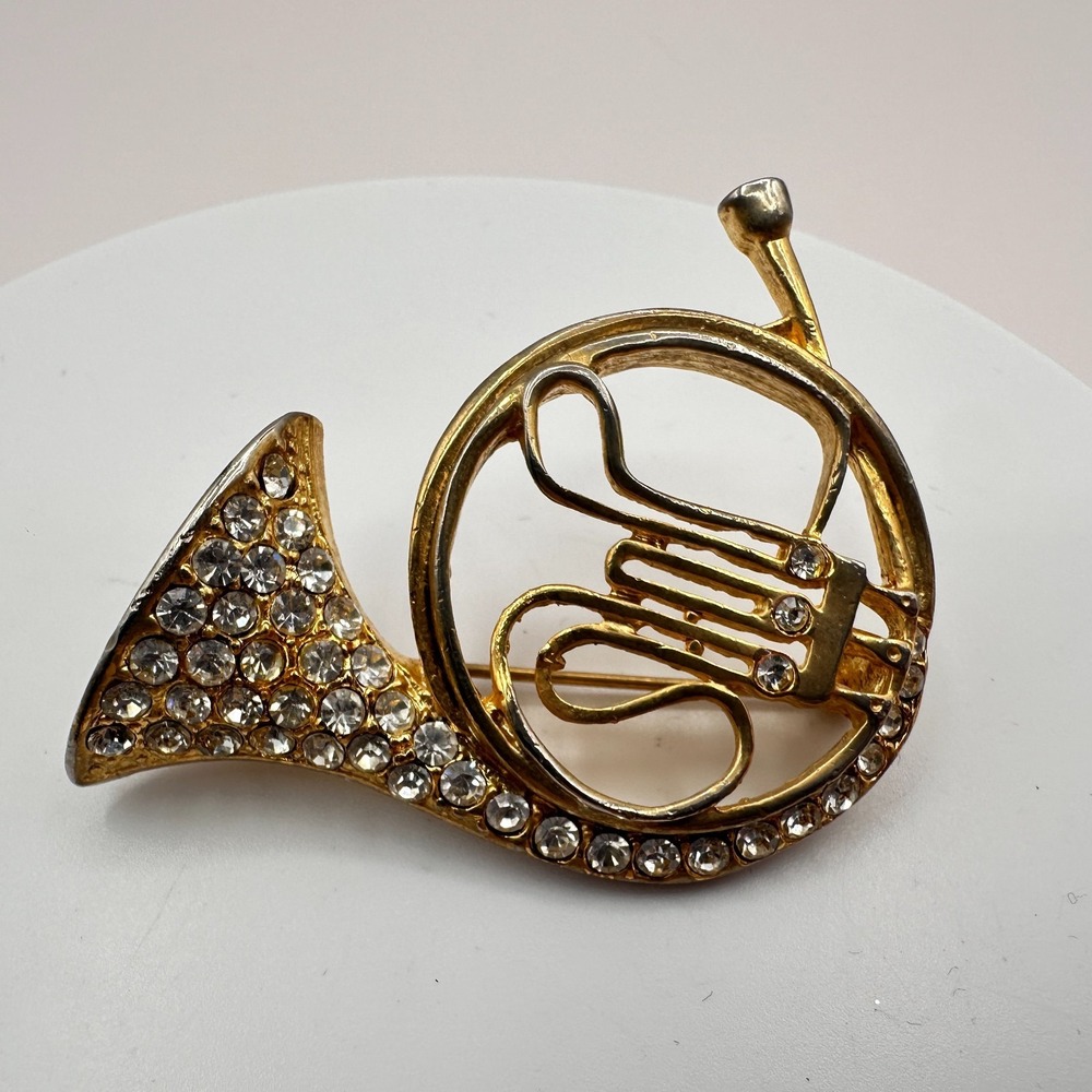Vintage 90s French Horn Brooch Gold Tone Rhinestones Music Instrument Jewelry